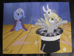 Size: 923x692 | Tagged: safe, artist:hentai-sweetie, angel bunny, derpy hooves, trixie, pegasus, pony, g4, female, magic show, magic trick, mare, photo, stage, traditional art