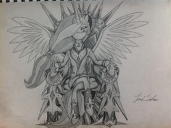 Size: 2592x1936 | Tagged: safe, artist:salenor, princess celestia, anthro, g4, badass, monochrome, throne, traditional art