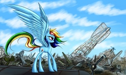 Size: 2000x1200 | Tagged: safe, artist:asimos, rainbow dash, pony, g4, aircraft, airship, female, fighter, scraps, solo, windswept mane
