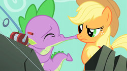 Size: 1280x720 | Tagged: safe, artist:dtkraus, edit, edited screencap, screencap, applejack, spike, dragon, pony, a dog and pony show, g4, eyes closed, female, fishing rod, frown, kissing, male, mare, nose kiss, raised eyebrow, ship:applespike, shipping, straight, wat