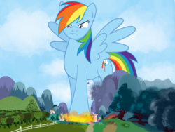 Size: 1000x750 | Tagged: safe, rainbow dash, pegasus, pony, g4, apple, crushing, destruction, female, fire, food, giant pony, giant rainbow dash, giantess, hooves, macro, mare, ponyville, rainbow smash, solo, stomping