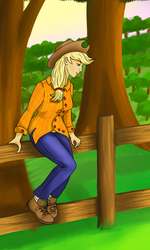 Size: 600x1000 | Tagged: safe, artist:lilmisswaffles, applejack, human, g4, fence, humanized