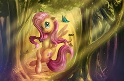 Size: 1920x1253 | Tagged: safe, artist:tsitra360, fluttershy, butterfly, g4, cute, forest, shyabetes, wallpaper