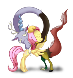 Size: 1208x1283 | Tagged: safe, artist:vivifx, discord, fluttershy, g4, keep calm and flutter on, cute, discute, duo, eyes closed, female, heartwarming, hug, male, simple background, transparent background