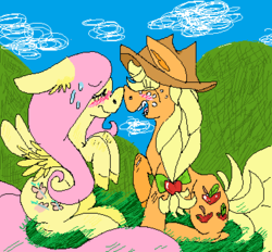 Size: 381x354 | Tagged: safe, artist:phytops, applejack, fluttershy, g4, blush sticker, blushing, female, lesbian, ship:appleshy, shipping