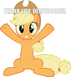 Size: 827x900 | Tagged: safe, applejack, earth pony, pony, derpibooru, g4, all caps, female, image macro, impact font, meta, solo, text, thanks