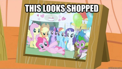 Size: 618x351 | Tagged: safe, applejack, fluttershy, pinkie pie, rarity, spike, twilight sparkle, g4, balloon, mane seven, text