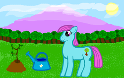 Size: 1300x814 | Tagged: safe, artist:repentantanon, oc, oc only, earth pony, pony, female, forest, mare, solo, tree, watering can