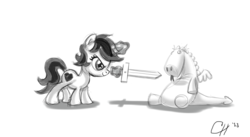 Size: 1441x791 | Tagged: safe, artist:ceehoff, oc, oc only, oc:obsidian, dragon, pony, fanfic:equestria's first human, female, filly, glowing horn, grayscale, horn, magic, monochrome, plushie, signature, sword, telekinesis, weapon