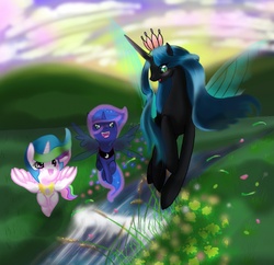 Size: 1430x1384 | Tagged: safe, artist:ashandi, princess celestia, princess luna, queen chrysalis, alicorn, changeling, changeling queen, flutter pony, pony, g4, blushing, female, flower, flutter pony alicorn, young