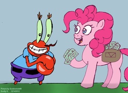 Size: 2211x1600 | Tagged: safe, artist:scobionicle99, pinkie pie, g4, crossover, male, money, mr. krabs, spongebob squarepants