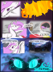 Size: 1587x2156 | Tagged: safe, artist:probablyfakeblonde, nightmare moon, princess celestia, princess luna, g4, comic, glowing eyes