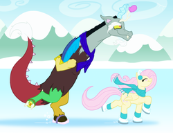 Size: 1500x1150 | Tagged: safe, artist:thegrumpyturtle, discord, fluttershy, g4, clothes, ice skates, ice skating, scarf