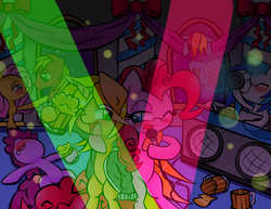 Size: 1500x1159 | Tagged: safe, artist:joyfulinsanity, berry punch, berryshine, big macintosh, dj pon-3, fluttershy, pinkie pie, rainbow dash, vinyl scratch, oc, earth pony, pegasus, pony, unicorn, g4, bipedal, female, male, party, ship:fluttermac, shipping, stallion, straight