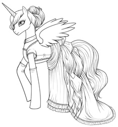 Size: 618x660 | Tagged: safe, artist:obscureartist, princess celestia, pony, g4, clothes, dress, female, lineart, monochrome, solo