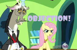 Size: 506x325 | Tagged: safe, discord, fluttershy, g4, ace attorney, objection