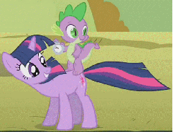 Size: 571x437 | Tagged: safe, screencap, spike, twilight sparkle, dragon, pony, unicorn, fall weather friends, g4, animated, dragons riding ponies, female, loop, male, mare, riding, spike riding twilight, windswept mane