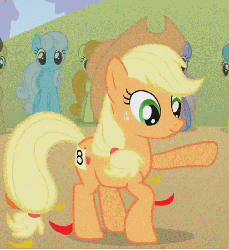 Size: 473x516 | Tagged: safe, screencap, applejack, carrot top, cherry cola, cherry fizzy, doctor whooves, golden harvest, lemon hearts, linky, pokey pierce, rainbowshine, shoeshine, time turner, earth pony, pony, fall weather friends, g4, season 1, animated, background pony, cropped, female, loop, male, mare, offscreen character, solo focus, stallion
