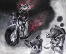 Size: 962x800 | Tagged: safe, artist:obsequiosity, apple bloom, applejack, g4, crossover, ghost rider, motorcycle
