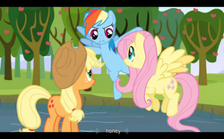 Size: 1024x640 | Tagged: safe, screencap, applejack, fluttershy, rainbow dash, g4, keep calm and flutter on, youtube caption