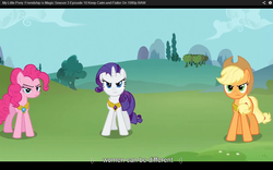 Size: 1024x640 | Tagged: safe, screencap, applejack, pinkie pie, rarity, g4, keep calm and flutter on, youtube caption