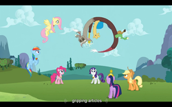 Size: 1024x640 | Tagged: safe, screencap, applejack, discord, fluttershy, pinkie pie, rainbow dash, rarity, twilight sparkle, g4, keep calm and flutter on, youtube caption