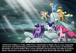 Size: 1000x696 | Tagged: safe, artist:johnjoseco, applejack, fluttershy, pinkie pie, rainbow dash, rarity, twilight sparkle, g4, discussion, mane six, meta, pose as a team 'cause shit just got real, text