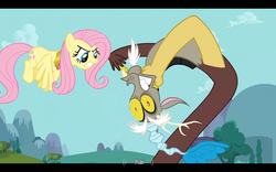 Size: 1024x640 | Tagged: safe, screencap, discord, fluttershy, g4, keep calm and flutter on, youtube caption