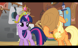 Size: 1024x640 | Tagged: safe, screencap, applejack, twilight sparkle, g4, keep calm and flutter on, do not want, youtube caption