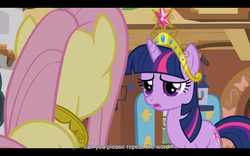 Size: 1024x640 | Tagged: safe, screencap, fluttershy, twilight sparkle, g4, keep calm and flutter on, youtube caption