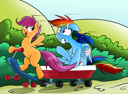 Size: 1500x1101 | Tagged: dead source, safe, artist:ruby-hooves, rainbow dash, scootaloo, g4, bandage, injured, scooter, wagon