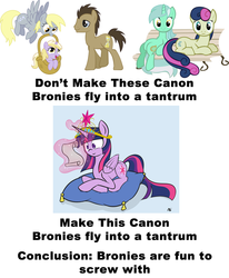 Size: 1023x1243 | Tagged: safe, bon bon, derpy hooves, dinky hooves, doctor whooves, lyra heartstrings, sweetie drops, time turner, twilight sparkle, alicorn, pony, g4, alicorn drama, drama, meta, text, twilight sparkle (alicorn)