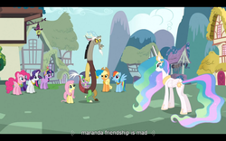 Size: 1024x640 | Tagged: safe, screencap, applejack, discord, fluttershy, pinkie pie, princess celestia, rainbow dash, rarity, twilight sparkle, g4, keep calm and flutter on, youtube caption