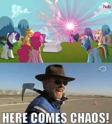 Size: 480x534 | Tagged: safe, edit, edited screencap, screencap, applejack, discord, fluttershy, pinkie pie, rainbow dash, rarity, twilight sparkle, g4, keep calm and flutter on, adam savage, crossover, discovery channel, hub logo, mane six, mythbusters