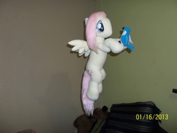 Size: 4288x3216 | Tagged: safe, artist:tres-apples, fluttershy, bird, blue jay, g4, flying, irl, photo, plushie, solo