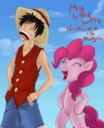 Size: 1475x1812 | Tagged: safe, artist:insanitylittlered, pinkie pie, earth pony, human, pony, g4, bipedal, crossover, duo, hand on hip, human and pony, laughing, monkey d. luffy, one piece