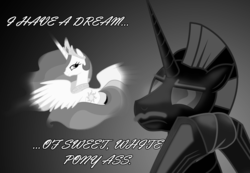 Size: 1280x886 | Tagged: safe, princess celestia, oc, oc:niggertron, alicorn, pony, g4, butt, female, looking at you, looking back, looking back at you, mare, martin luther king, plot, smiling, spread wings, text, wings