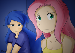 Size: 1400x1000 | Tagged: safe, artist:kprovido, fluttershy, princess luna, human, g4, humanized