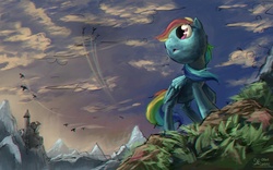 Size: 2048x1280 | Tagged: safe, artist:ruffu, rainbow dash, pony, g4, flying, in the distance, scenery, trail, vertigo