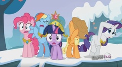 Size: 959x531 | Tagged: safe, screencap, applejack, pinkie pie, rainbow dash, rarity, twilight sparkle, g4, keep calm and flutter on, hub logo, reaction image