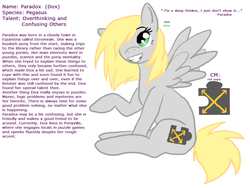 Size: 1024x768 | Tagged: safe, artist:trickypup, oc, oc only, oc:paradox moon, pegasus, pony, bio, reference sheet, simple background, smiling, solo, text