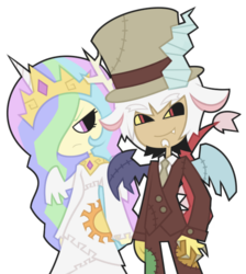 Size: 595x663 | Tagged: safe, artist:nekozneko, discord, princess celestia, human, g4, duo, duo male and female, female, horn, horned humanization, humanized, male, simple background, tailed humanization, transparent background, winged humanization, wings