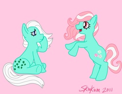 Size: 1300x1000 | Tagged: safe, artist:skookum, minty, minty (g1), earth pony, pony, g1, g3, g4, 2011, duo, duo female, female, g1 to g4, g3 to g4, generation leap, generational ponidox, mare, pink background, rearing, simple background, sitting