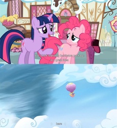 Size: 790x863 | Tagged: safe, edit, edited screencap, screencap, pinkie pie, twilight sparkle, earth pony, pony, unicorn, g4, wonderbolts academy, hot air balloon, tornado, twinkling balloon, unicorn twilight, youtube caption