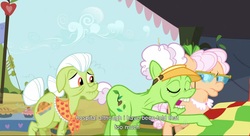 Size: 1589x863 | Tagged: safe, screencap, apple rose, auntie applesauce, granny smith, apple family reunion, g4, food, pie, quilt, youtube caption, youtube link