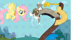 Size: 480x270 | Tagged: safe, screencap, discord, fluttershy, g4, keep calm and flutter on, animated, the stare