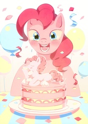 Size: 900x1273 | Tagged: safe, artist:aruurara, pinkie pie, earth pony, pony, g4, balloon, cake, female, happy, pixiv, smiling, solo