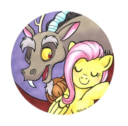 Size: 600x588 | Tagged: safe, artist:helicityponi, discord, fluttershy, pegasus, pony, g4, duo, eyes closed, female, friendship, hug, male, traditional art