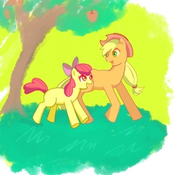 Size: 600x600 | Tagged: safe, artist:nyankamedon, apple bloom, applejack, g4, pixiv