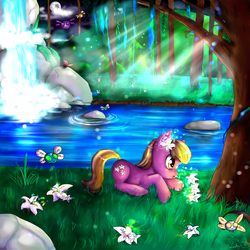 Size: 4000x4000 | Tagged: safe, artist:wendysakana, lily, lily valley, parasprite, g4, absurd resolution, flower, forest, moonlight, scenery, waterfall